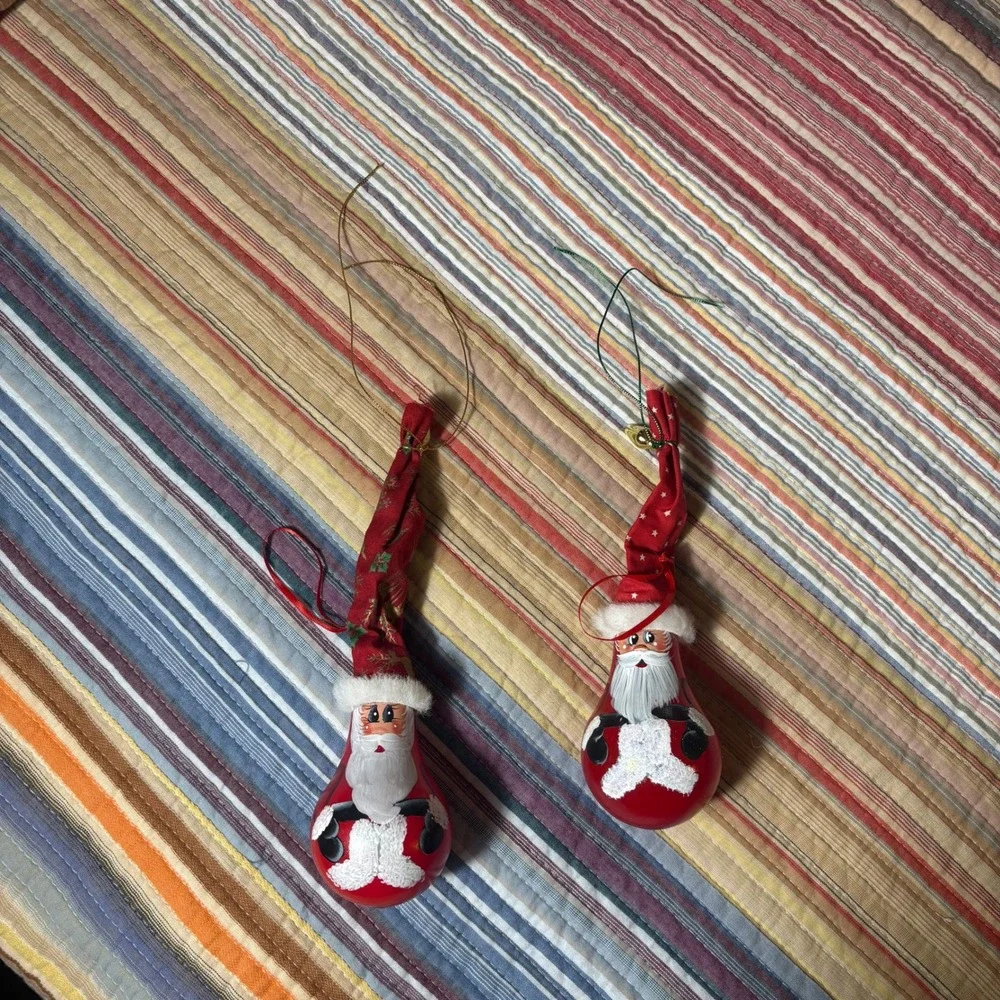 Vintage Hand Painted Light Bulb Santa Ornaments Set of 2 Christmas Folk Art Red
